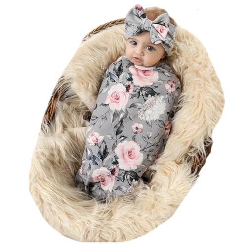 Galabloomer Receiving Blanket Headband Set Flower Print Baby Swaddle Receiving Blankets