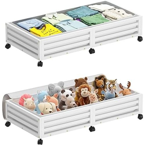 Bamboo Under Bed Storage Containers- Underbed Organizer with Wheels with Large Dust Bag,Sturdy Wood Rolling Under the Bed Shoe Storage Organizer Drawer 2 Packs (White, Long)