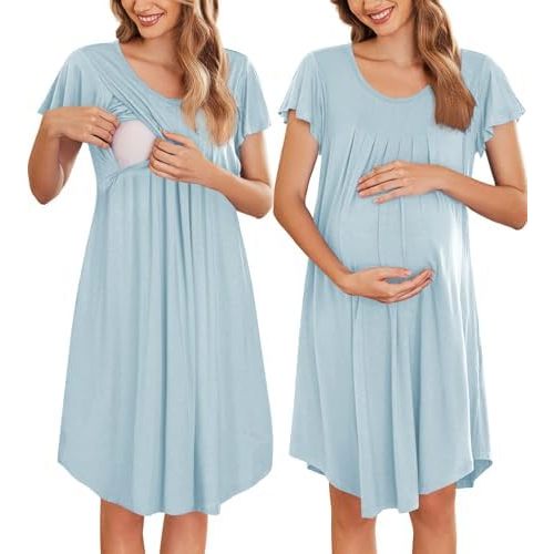 Ekouaer Nursing Nightown Labor and Delivery Gown for Hospital Pleated Breastfeeding Dress Short Sleeve Maternity Sleepwear