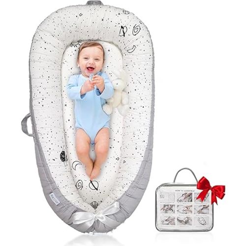 Baby Lounger for Newborn Cover - Newborn Lounger for 0-12 Months, Breathable & Portable Infant Lounger - Adjustable Cotton Soft Baby Floor Seat for Travel, Newborn Essentials - Wide Universe