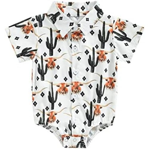 Karuedoo Western Baby Boy Clothes Cow Print Shirt Romper Infant Short Sleeve Button Down Bodysuit One Piece Gentleman Outfit