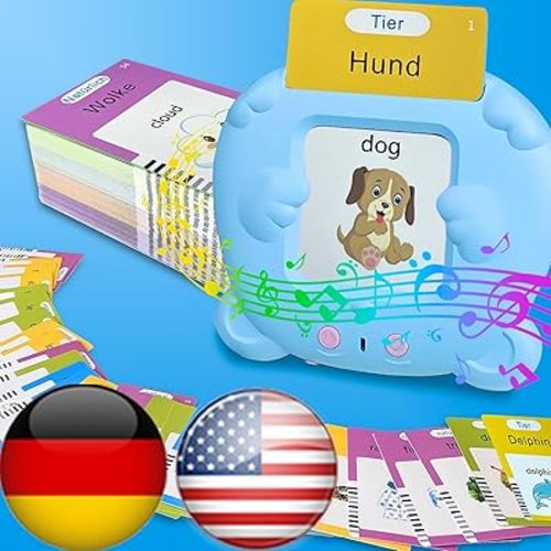 Bilingual English German Flash Cards - Deutsch Talking Flash Cards for Kids, Pocket Speech for Toddlers 3-12, Educational Learning Toys, Audible Gift Play Cards, Autism Sensory Toys (Blue)