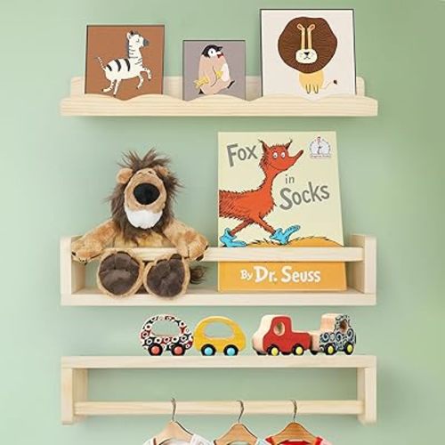 Floating Book Shelves for Wall, 16.5" Natural Wood Nursery Shelves for Book Storage, Solid Pine Wooden Floating Bookshelf for Bedroom Living Room, Set of 2+1, Unfurnished - DIY