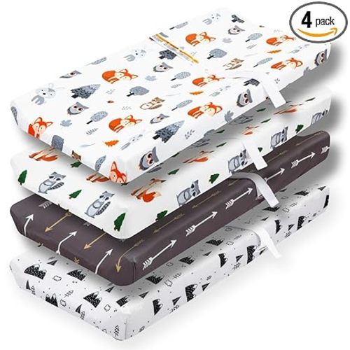 4 Pack Changing Pad Covers Woodland Forest Animals Wood Neutral Unisex Fitted Baby Changing Pad Cover Set for Baby Boys or Girls