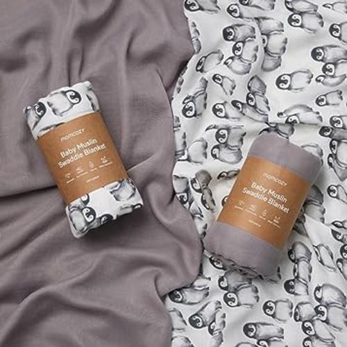 Momcozy Softness Upgrade Muslin Swaddle Blankets, Cute Penguin+Solid Grey Neutral Matching, 2 Pack Breathable 2-Layer Gauze Large 47'' x 47'' Swaddling Blanket Wraps for Newborn Baby Boys Girls