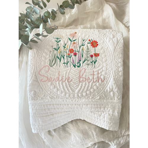 Wildflower Nursery Baby Quilt Blanket Heirloom Embroidered Blanket Flowers Personalized Baby Blanket Baby Shower Gift Pregnant Mom Gift