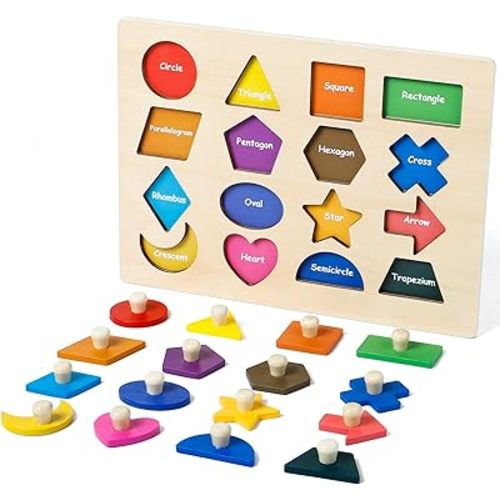 Shape Puzzles Wooden Puzzles for Toddlers, Peg Puzzle Educational Shape Sorter Toys Wooden Shape Board Puzzles, Preschool Learning Educational Toy for Baby Girls Boys