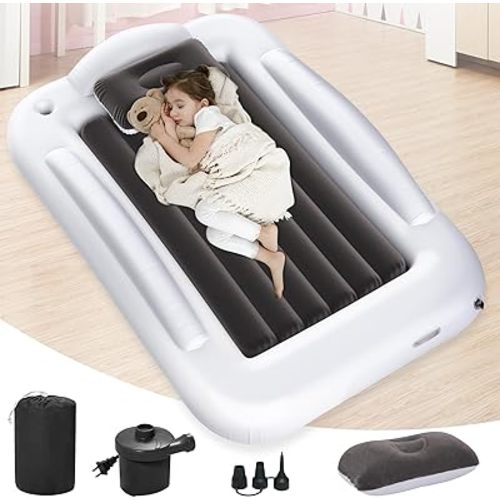 Inflatable Toddler Travel Bed - Portable Toddler Kids Travel Bed with Safety Sides Complete Kids Air Mattress Set with High-Speed Pump, Ideal for Vacation Camping and Sleepover (60 Inches)