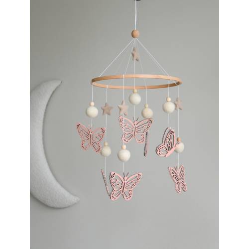 Pink baby mobile butterfly, Wooden butterlies crib mobile, Felted balls and stars baby nursery mobile, Butterfly nursery mobile, Floral