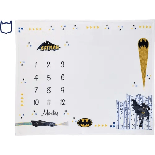Little Love by NoJo Warner Brothers Batman White and Black Batmobile, Gotham City, and Bat Signal Milestone Baby Blanket