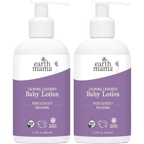 Earth Mama Calming Lavender Baby Lotion for Dry Skin, Calendula Cream for Newborn Skin Care, Organic Moisturizer for Children, Aloe Juice, Rooibos, & Shea Butter, Lavender Lotion, 8 Fl Oz (2Pk)