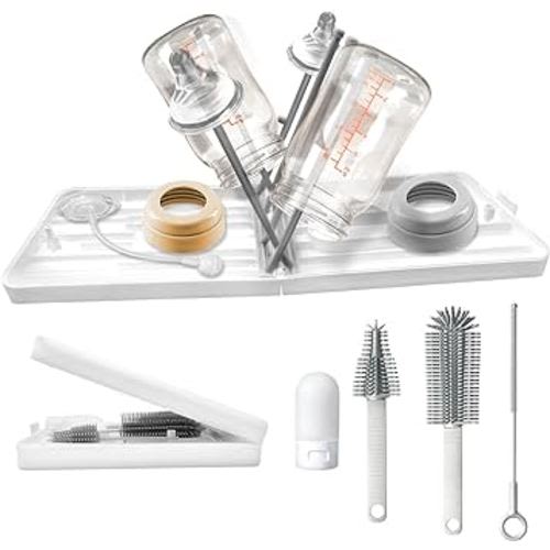 6 in 1 Baby Bottle Brush Set with Bottle Brush,Bottle Drying Rack,Straw Cleaner Brush,Nipple Brush,Soap Dispenser,Organizer Case - Space Saving Baby for Home and Travel Bottle Cleaner Kit (White+Grey)