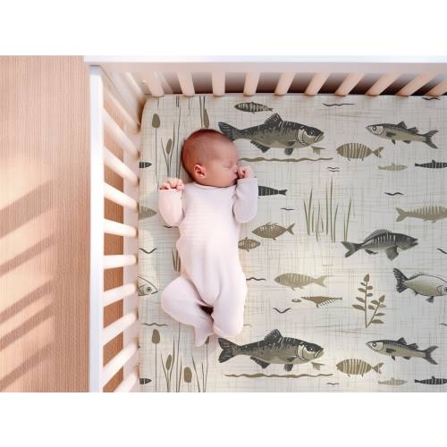 Fitted Crib Sheet With Fish, Lake Themed Nursery Bedding Set, Trout and Bass Fisherman Toddler Day Bed, Baby Fisherman Matching Gift Bundle