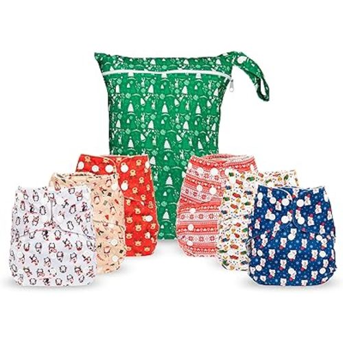 Simple Being Reusable Cloth Diapers, Double Gusset, One Size Adjustable, Washable Soft Absorbent, Waterproof Cover, Eco-Friendly Unisex Baby Girl Boy, six 4-Layers Microfiber Inserts (Christmas)