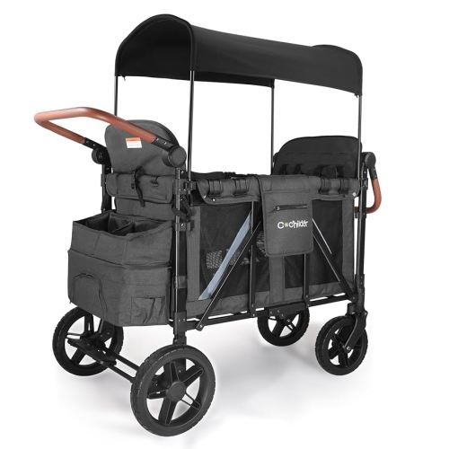 Elite Pro All-Terrain 4 Seater Wagon Stroller for Kids - Heavy-Duty 300lb Capacity, One-Hand Fold Design, High Seats with 5-Point Harness, Adjustable Canopy and Handlebars, Dark Grey