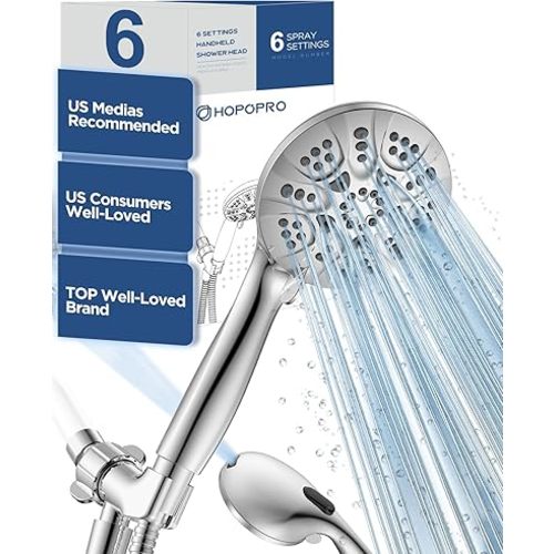 6-Mode High Pressure Handheld Shower Head with Power Wash, HOPOPRO High Flow Hand Held Showerhead Set with Built-in Power Spray to Clean Tub Tile Pets Bathroom Flooring