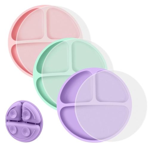 Vicloon Toddler Plates, 3 Pcs Silicone Baby Plates, BPA Free Suction Plates with Lids for Babies and Toddlers, Suction Plate Feature, Divided Plate Design,Toddler Plate Microwave&Dishwasher Safe