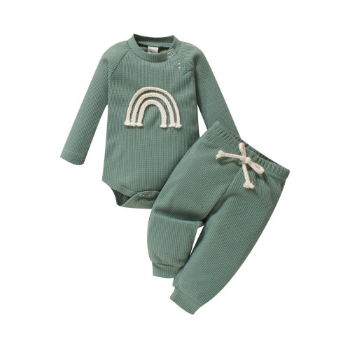 jaweiwi Fall Spring Newborn Baby Boy Girl Clothes Long Sleeve Rainbow Romper Tops Pants 2Pcs Infant Solid Outfits Set,Size 0 6 9 12 18 M