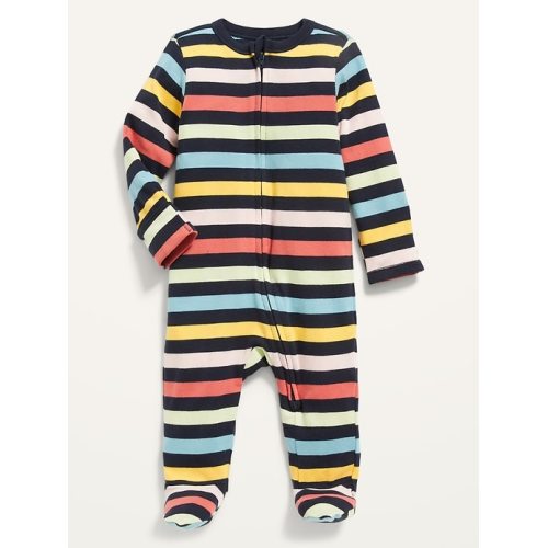 Printed Fold-Over Mitten Footed One-Piece for Baby in Navy Multi Stripe Top, size: 3-6 M