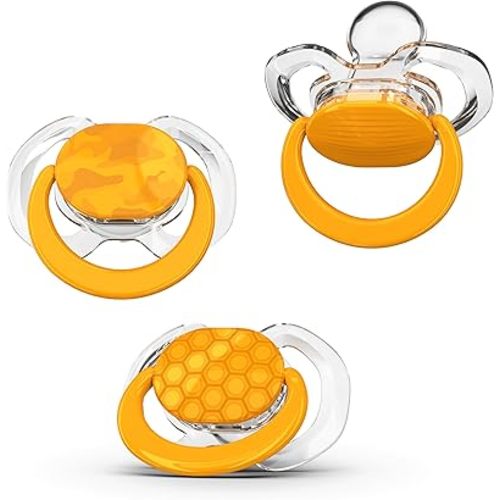 Smilo Baby Pacifier with Orthodontic Design for Healthy Dental Development - Stage 1 for Babies 0-3 Months - Pack of 3X 100% Silicone Newborn Pacifiers BPA Free - Orange