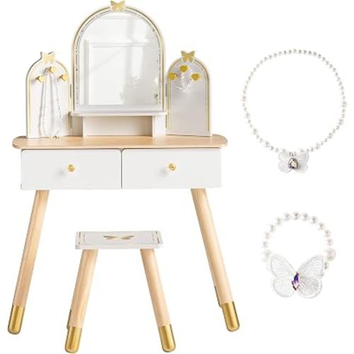 ROBOTIME White Kids Vanity Set Butterfly Mirror Stool for Girl Age3+