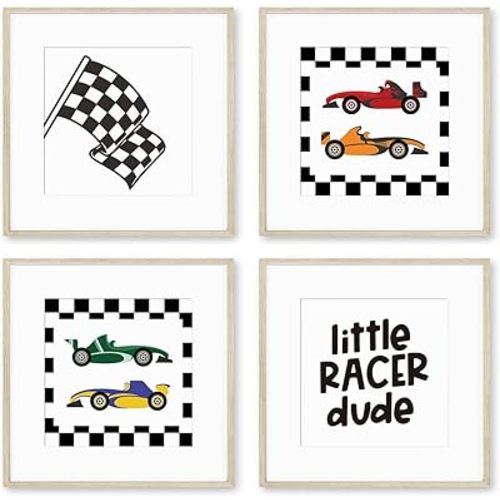 PLKMN Race Car Room Decor for Boys, Little Racer Dude 10x10 Art Print, Inspirational Boys Room Quote Wall Art Set of 4 Unframed