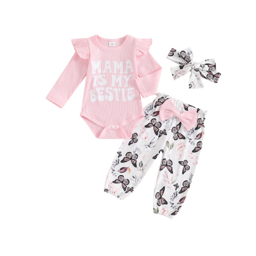 Infant Baby Girl Autumn Outfits Long Sleeve Romper+Butterfly Print Pants+Headband Set