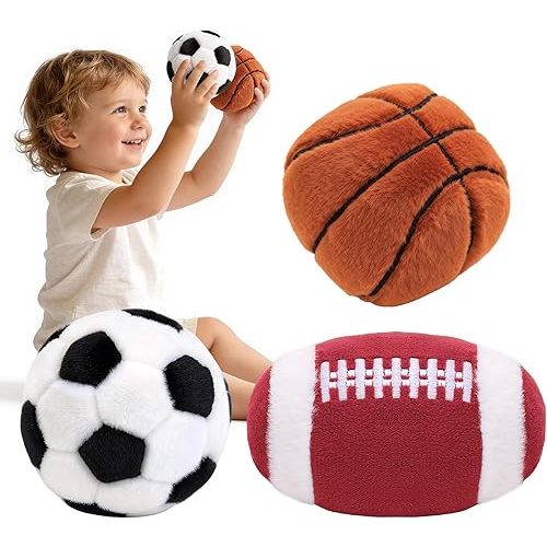 Baby Ball Toys 0-6 Months, Newborn Plush Rattle 3pcs Football Basketball Soccer Sports Set-Sensory Toys with Rattles for 0 3 6 9 12 Months Infant Boys Girls Birthday or Shower Gifts