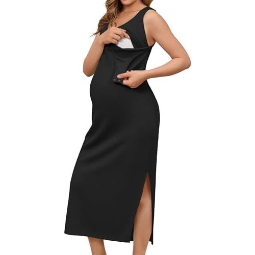 OUGES Womens 2025 Summer Maternity Nursing Dress Split Midi Sleeveless Breastfeeding Dress Scoop Neck Pregnancy Clothes