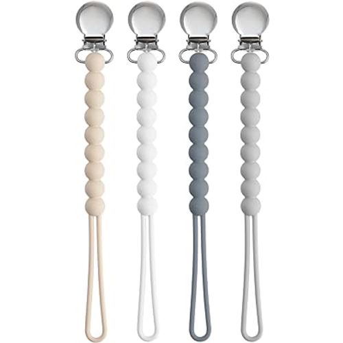 Pacifier Clip for Boys Girls - MORIBOX 4 Pack Paci Clip Soothie Baby Binky Holder for Shower Gift Birthday (Beige+White+Dgrey+Lgrey)