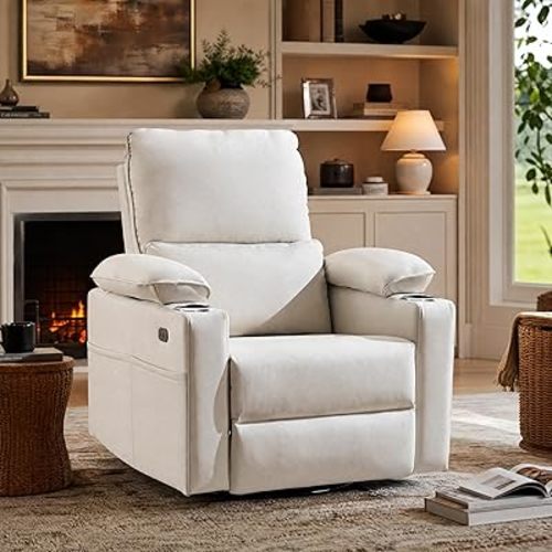270° Swivel Rocker Recliner with Adjustable Armrests,Oversized Power Nursery Recliner with USB Port,Rocking Chair Nursery with One-Touch Reset,Double Cup Holder,Faux Leather,Beige