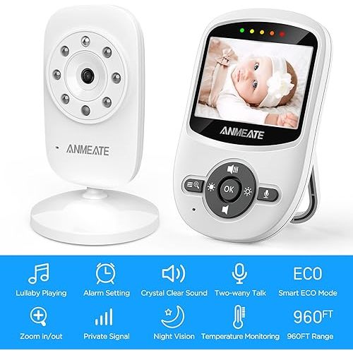 ANMEATE Video Baby Monitor with Digital Camera, Digital 2.4Ghz Wireless Video Monitor with Temperature Monitor, 960ft Transmission Range, 2-Way Talk, Night Vision, High Capacity Battery(1 Camera)