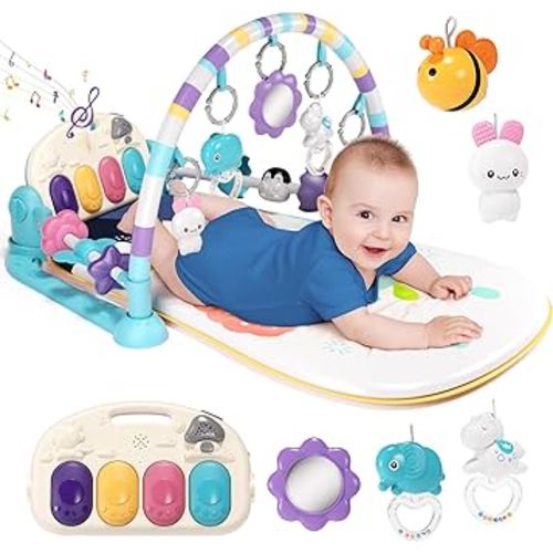 Baby Gym with Kick and Play Piano,Baby Play Mat Tummy Time Baby Activity Gym Mat with 5 Infant Learning Sensory for Baby, Music and Lights Boy or Girl Gifts for Newborn (Green)
