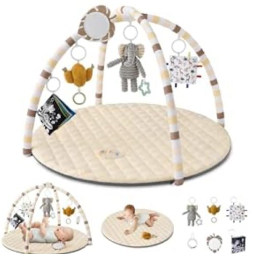 Blissful Diary Baby Play Gym Mat, Tummy Time Activity Mat with 6 Detachable Toys for Stage-Based Sensory &