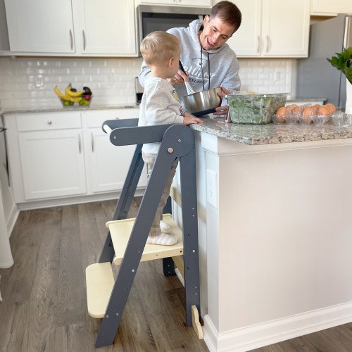 HARPPA Foldable Toddler Kitchen Tower, Standing Stools for Kids Age 1.5-6 Years, Gray
