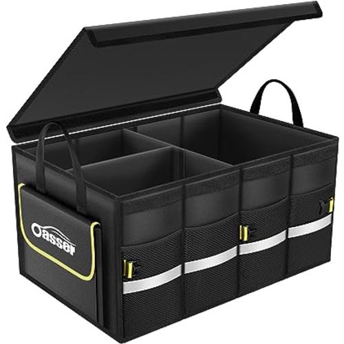 Oasser Car Trunk Organizer, Collapsible Waterproof Multi Compartments Car Storage Organizer with Foldable Cover Reflective Strip (Standard, Black)