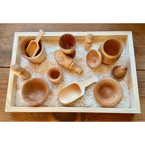 Mega Set Wooden Sensory Bin Tools, Sensory Tray Kit, Montessori, 14-Piece+ Set, Bowl, Pots, Lid, Cup, Bucket, Scoops, Peg People, Tree