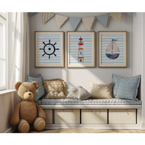 Nautical Nursery Wall Art Set, Lighthouse, Sailboat, & Helm Prints, Watercolor coastal Baby Room Decor in Blue and White, Set of 3 Prints