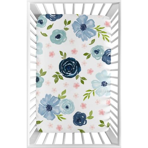 Sweet Jojo Designs Girl Baby Fitted Mini Crib Sheet Watercolor Floral Navy Blue Pink and White