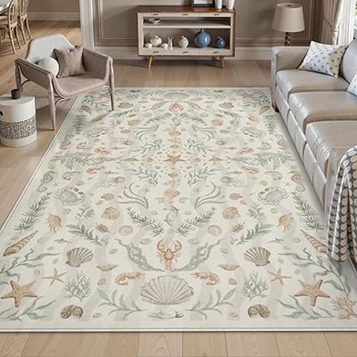 LIVEBOX Vintage Coastal Machine Washable 5x7 Area Rugs for Living Room, Non Slip Soft Beige Low Pile Farmhouse Ocean Beach Kids Rugs for Bedroom Indoor, Carpet Rugs for Dining Room(5x7ft)