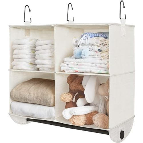 StorageWorks Hanging Closet Organizer with Garment Rod, 4 Section Closet Hanging Shelves, Hanging Clothes Cube Organizer, White & Ivory, 12 ¼" D x 24 ½" W x 28" H