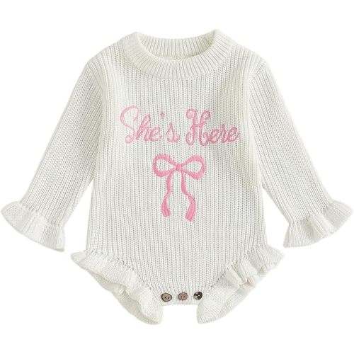 Baby Girls Knitted Romper Embroidery Bow Letters SHE is HERE Ruffled Sweater Winter Newborn Infant Clothes