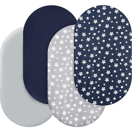 Bassinet Sheets Set 4 Pack for Baby Boy, Universal Fit for Oval, Hourglass and Rectangular Mattress, Navy