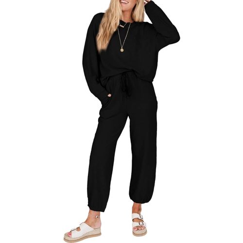 SHEWIN Women's 2 Piece Outfits Waffle Knit Lounge Sets Casual Long Sleeve Pullover Drawstring Jogger Pants Tracksuit Set