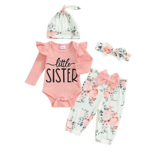 mlpeerw Newborn Baby Girl Clothes Outfits New To The Crew Bodysuit Romper Floral Pants Headband Hat Coming Home Outfit