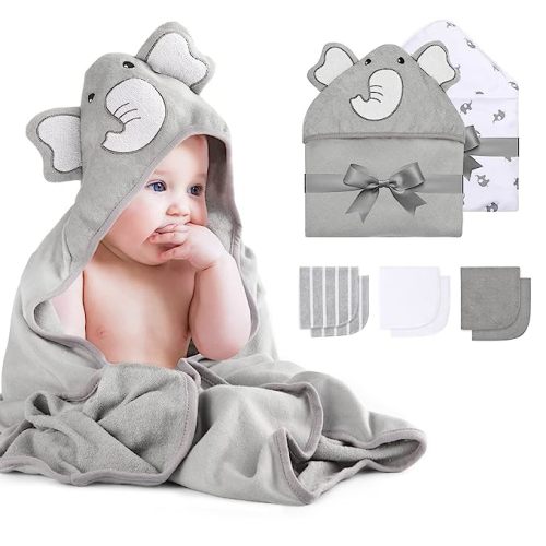 Momcozy Baby Hooded Towel, 8-Piece Bath for Boys or Girls, Washcloth Set with Cute Design, Shower Towel Gift for Newborns, Infants and Toddlers - Grey
