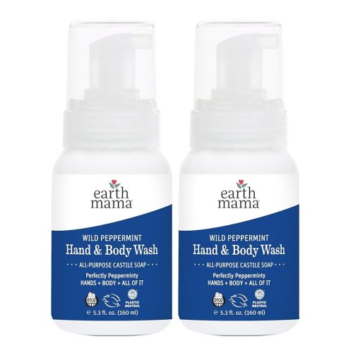 Earth Mama Wild Peppermint Hand & Body Wash | Foaming Castile Soap Liquid and Hand Soap, Made with Organic Wild Mint & Peppermint Oil, 5.3 fl oz (2-Pack)