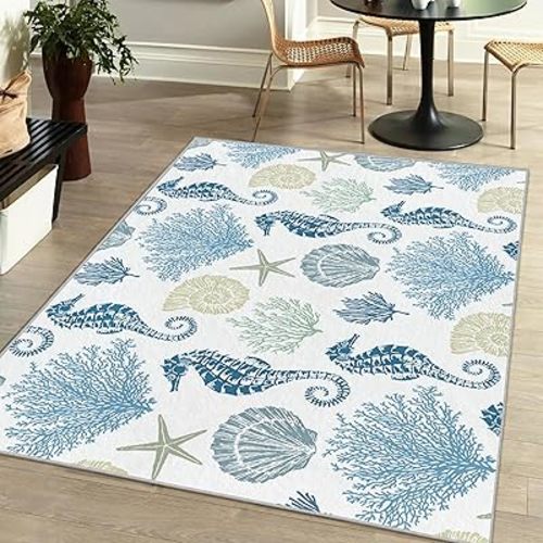 Coastal Nautical Rug for Bedroom & Living Room, Soft Low Velvet Carpet, Washable Beach Area Rug - Modern Light Blue Seahorse, 3x5