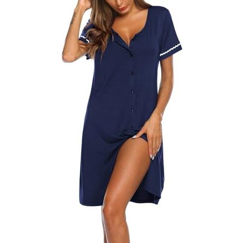 Ekouaer Nightgowns for Women Button Down Sleep Shirt Short Sleeve Night Shirt Soft Pajama Dress V Neck Sleepwear With Pockets