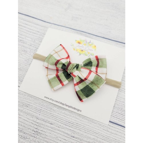Traditional Christmas fabric hair bow - hand tied hair bows - red and green plaid - handmade fabric bow - nylon headbands or alligator clips